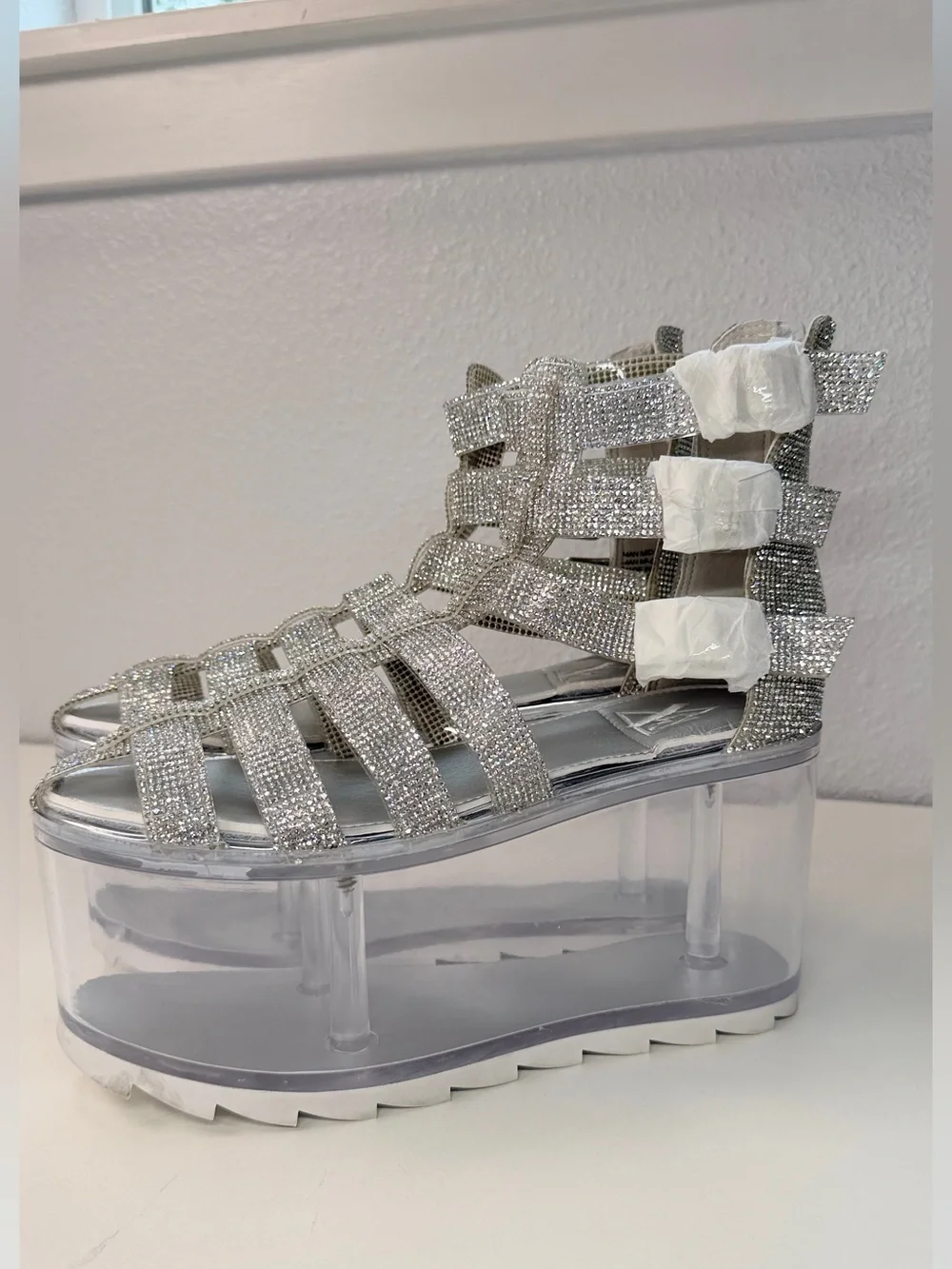 Rhinestone Sparkle Platform Sandals Clear Fillable bottom Shoes Size 9 Fun